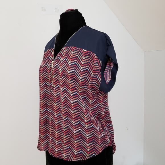 Chevron Striped Zipper Semi Sheer Short Sleeve Top Large Indie Boho Chic Retr - Picture 6 of 13